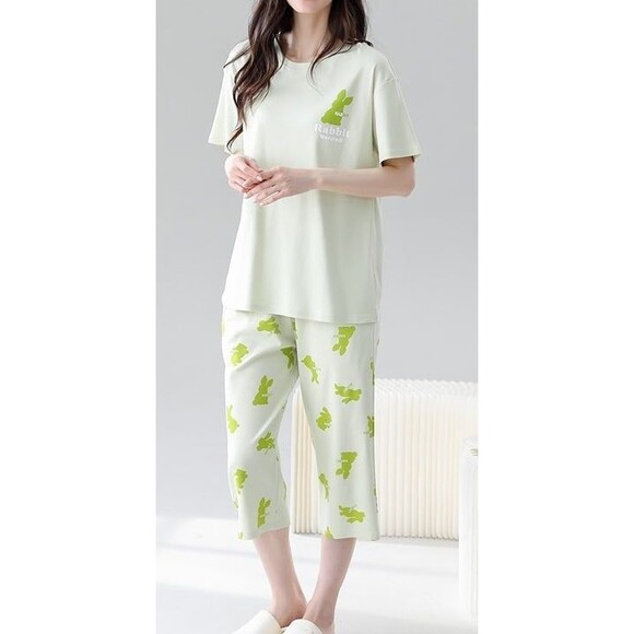 100% Cotton Women Capri Pajama Set 2Pcs Short Sleeve Top Capris pants Sleepwear - Picture 6 of 10